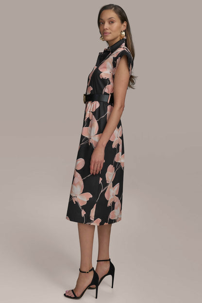 SATEEN CAP SLEEVE PRINTED SHIRT DRESS - BLACK MULTI