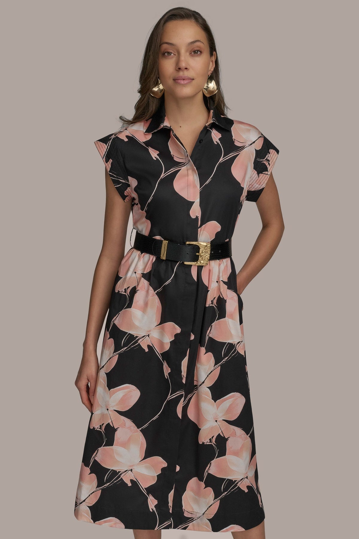 SATEEN CAP SLEEVE PRINTED SHIRT DRESS - BLACK MULTI