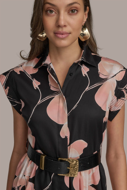 SATEEN CAP SLEEVE PRINTED SHIRT DRESS - BLACK MULTI