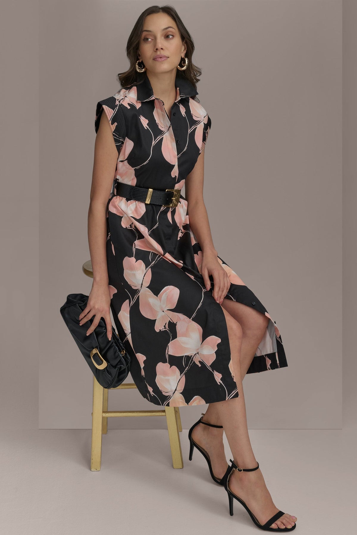 SATEEN CAP SLEEVE PRINTED SHIRT DRESS - BLACK MULTI