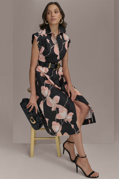 SATEEN CAP SLEEVE PRINTED SHIRT DRESS - BLACK MULTI