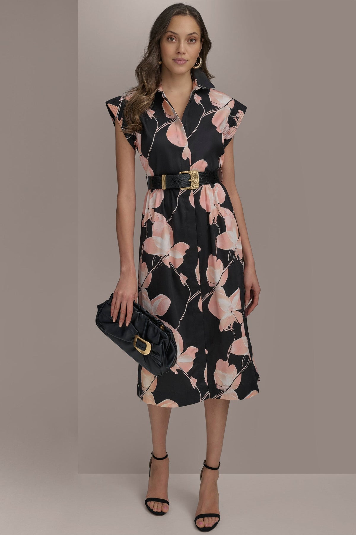 SATEEN CAP SLEEVE PRINTED SHIRT DRESS - BLACK MULTI