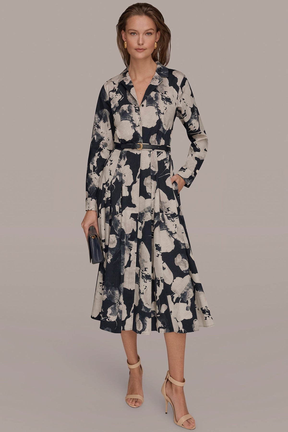 PRINTED LONG-SLEEVE BUTTON-FRONT DRESS - NIGHTFALL MULTI