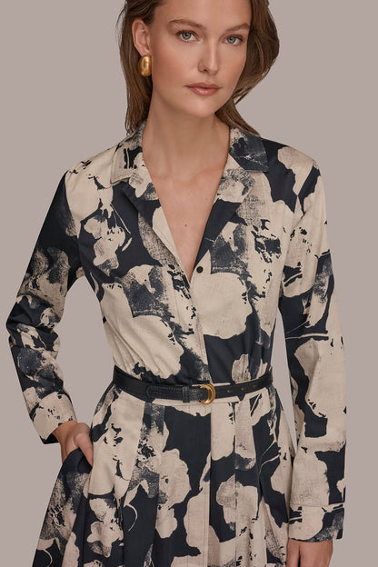 PRINTED LONG-SLEEVE BUTTON-FRONT DRESS - NIGHTFALL MULTI