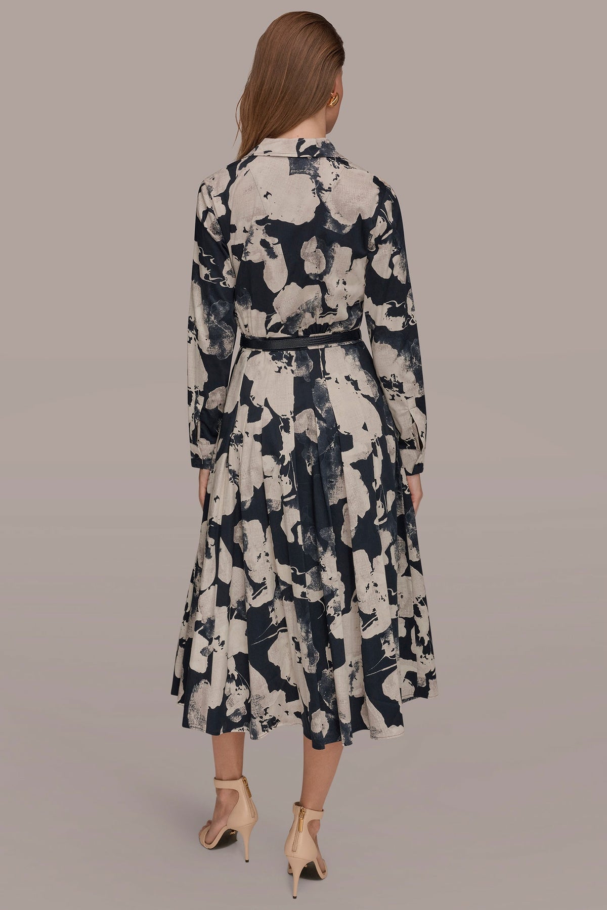 PRINTED LONG-SLEEVE BUTTON-FRONT DRESS - NIGHTFALL MULTI