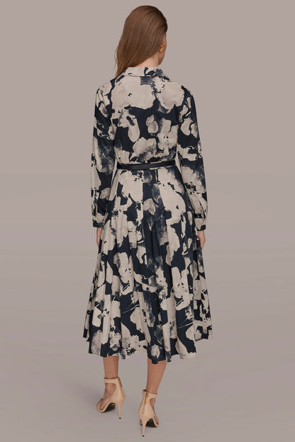 PRINTED LONG-SLEEVE BUTTON-FRONT DRESS - NIGHTFALL MULTI