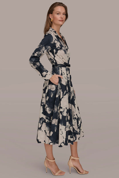 PRINTED LONG-SLEEVE BUTTON-FRONT DRESS - NIGHTFALL MULTI