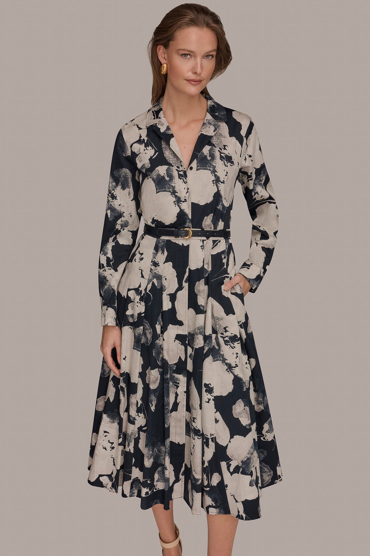 PRINTED LONG-SLEEVE BUTTON-FRONT DRESS - NIGHTFALL MULTI