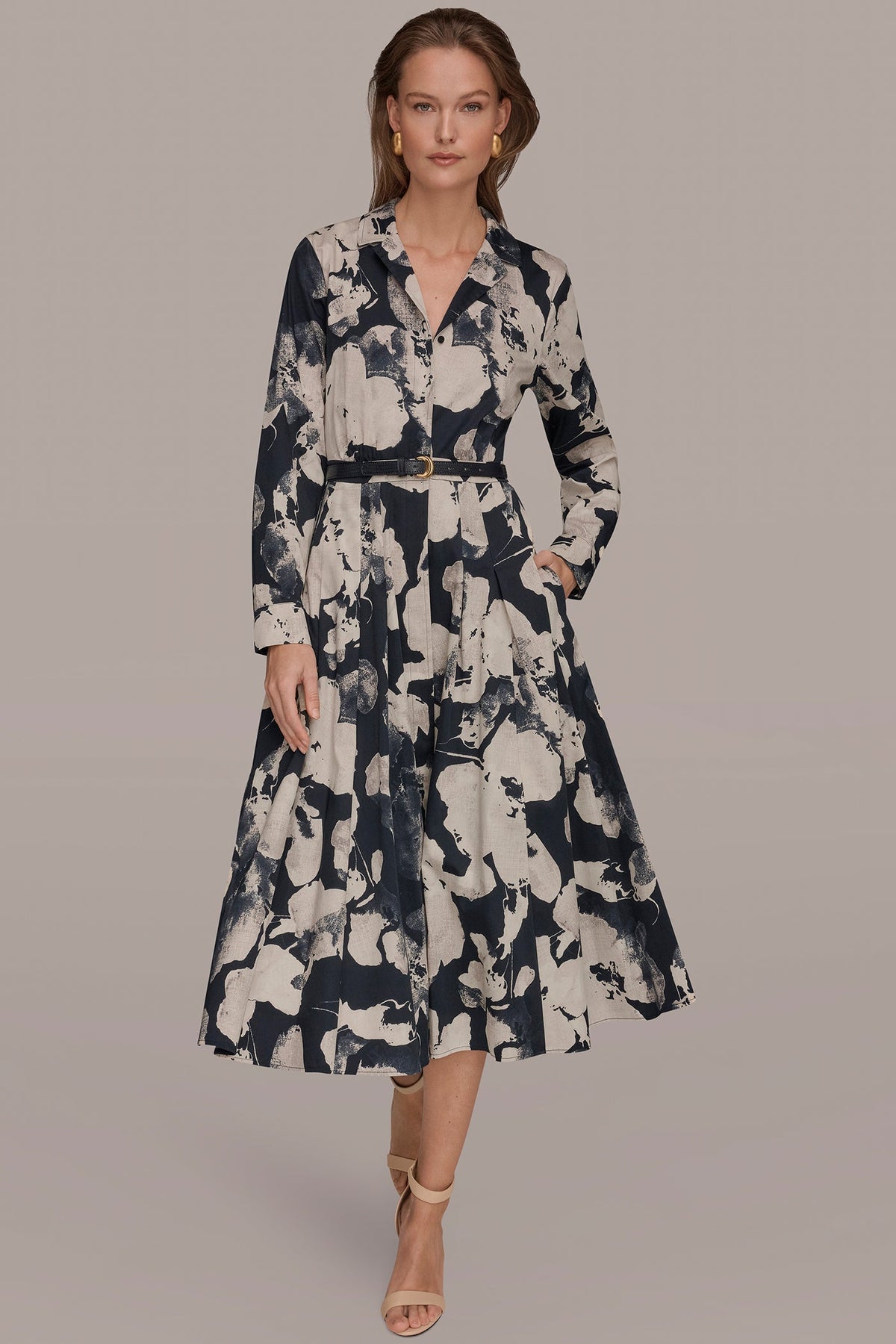 PRINTED LONG-SLEEVE BUTTON-FRONT DRESS - NIGHTFALL MULTI