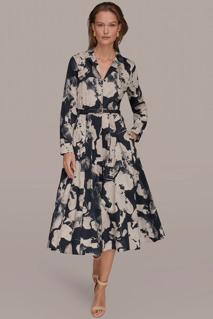 PRINTED LONG-SLEEVE BUTTON-FRONT DRESS - NIGHTFALL MULTI