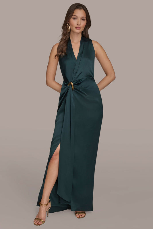 CRINKLE SATIN SLEEVELESS MAXI WRAP DRESS - HUDSON