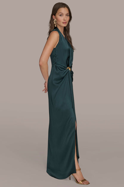 CRINKLE SATIN SLEEVELESS MAXI WRAP DRESS - HUDSON
