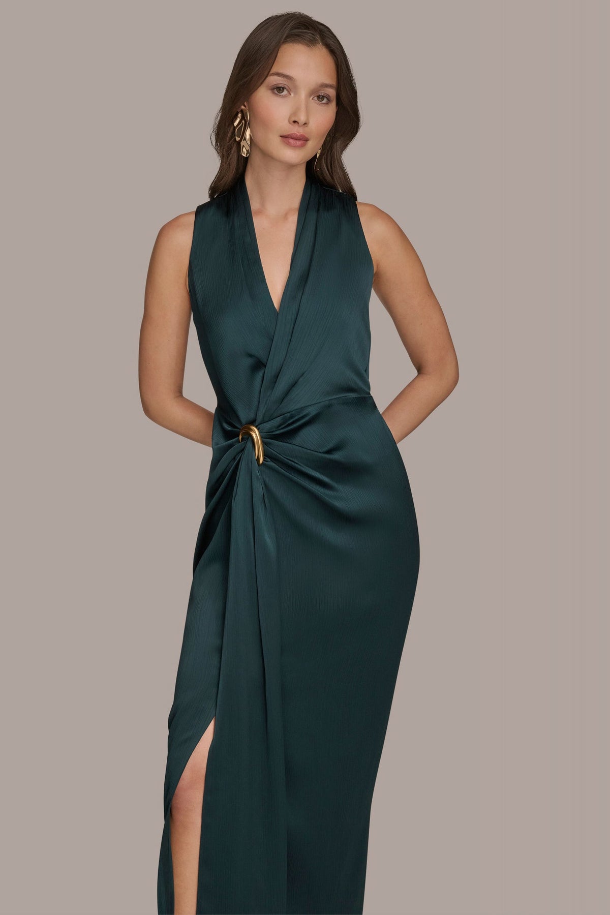 CRINKLE SATIN SLEEVELESS MAXI WRAP DRESS - HUDSON