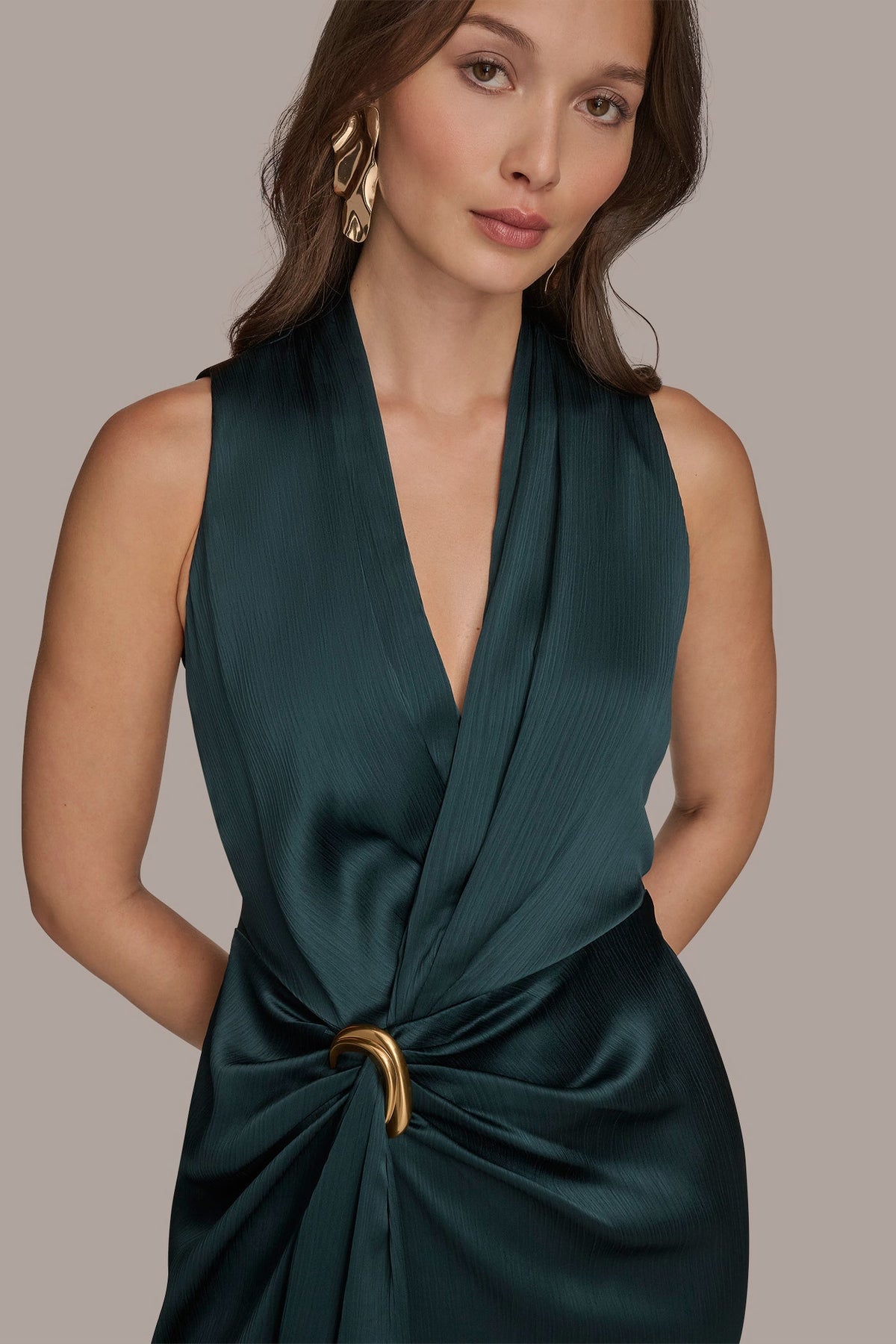 CRINKLE SATIN SLEEVELESS MAXI WRAP DRESS - HUDSON