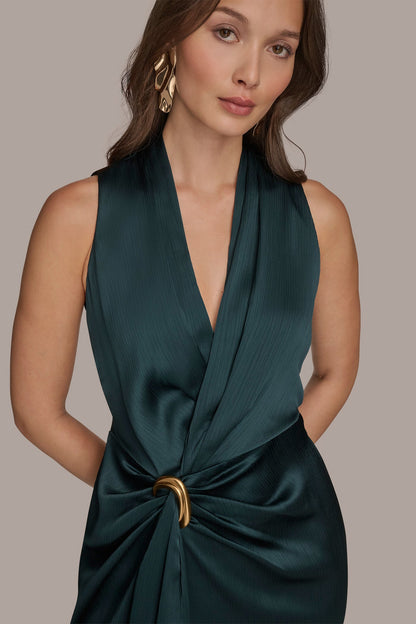 CRINKLE SATIN SLEEVELESS MAXI WRAP DRESS - HUDSON