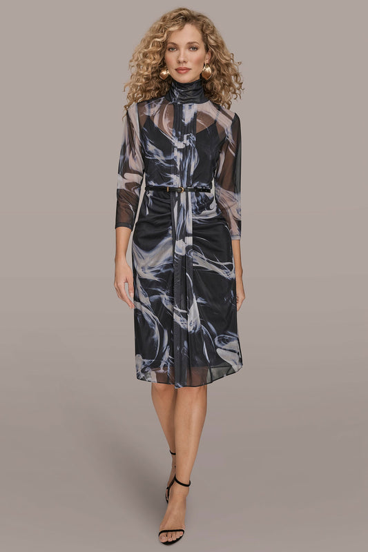 BELTED DRAPED PRINTED DRESS - BLACK/VAPOR MULTI