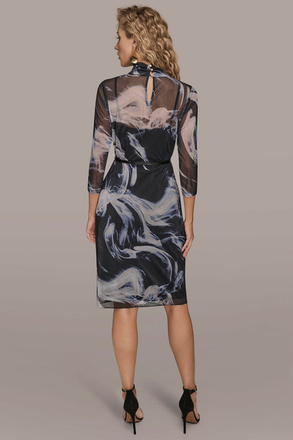 BELTED DRAPED PRINTED DRESS - BLACK/VAPOR MULTI
