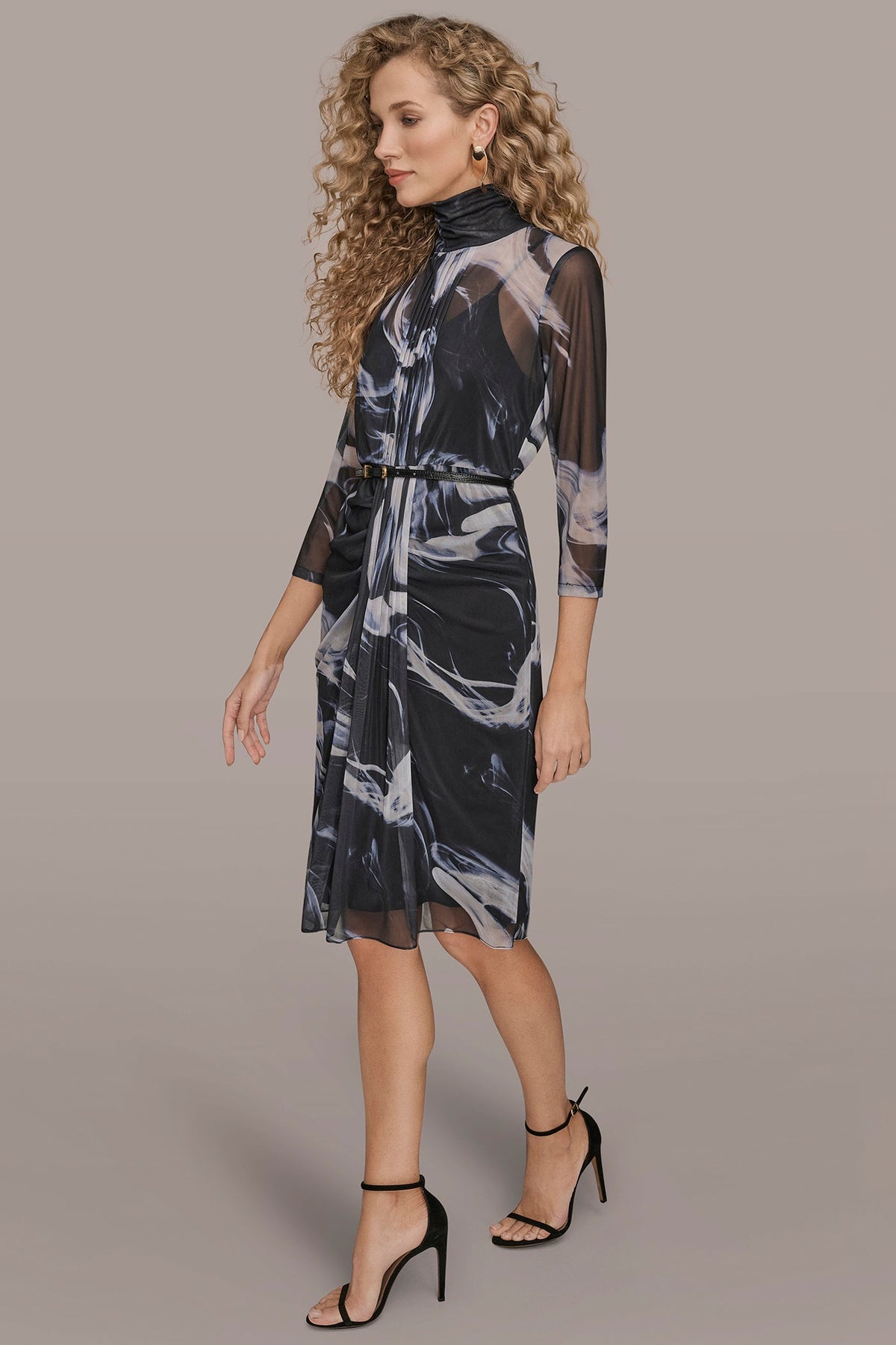 BELTED DRAPED PRINTED DRESS - BLACK/VAPOR MULTI