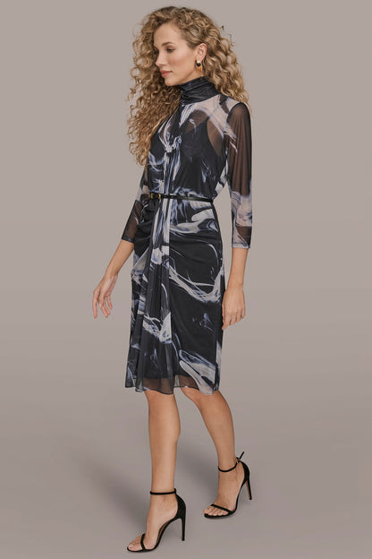 BELTED DRAPED PRINTED DRESS - BLACK/VAPOR MULTI