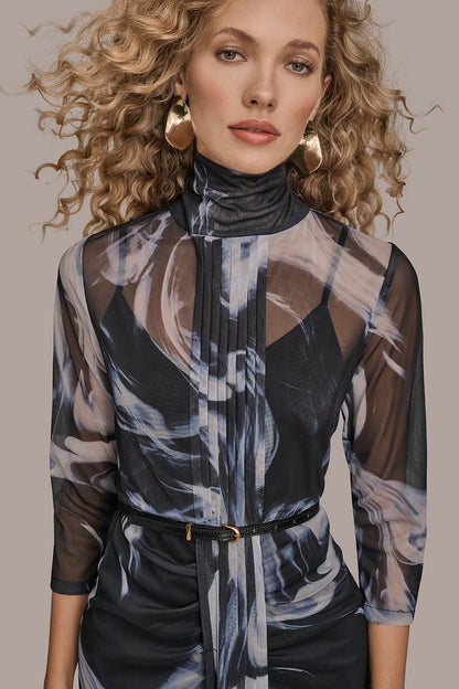 BELTED DRAPED PRINTED DRESS - BLACK/VAPOR MULTI