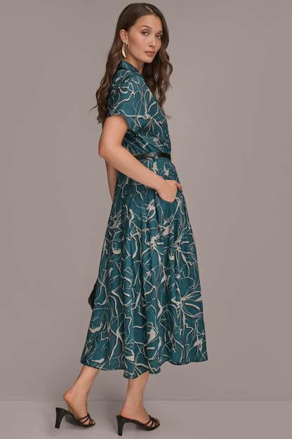 SHORT SLEEVE FLORAL MIDI SHIRT DRESS - HUDSON