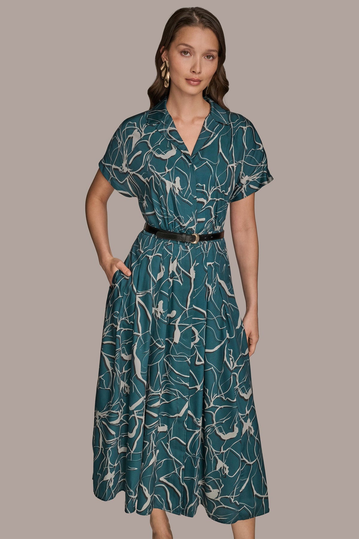 SHORT SLEEVE FLORAL MIDI SHIRT DRESS - HUDSON