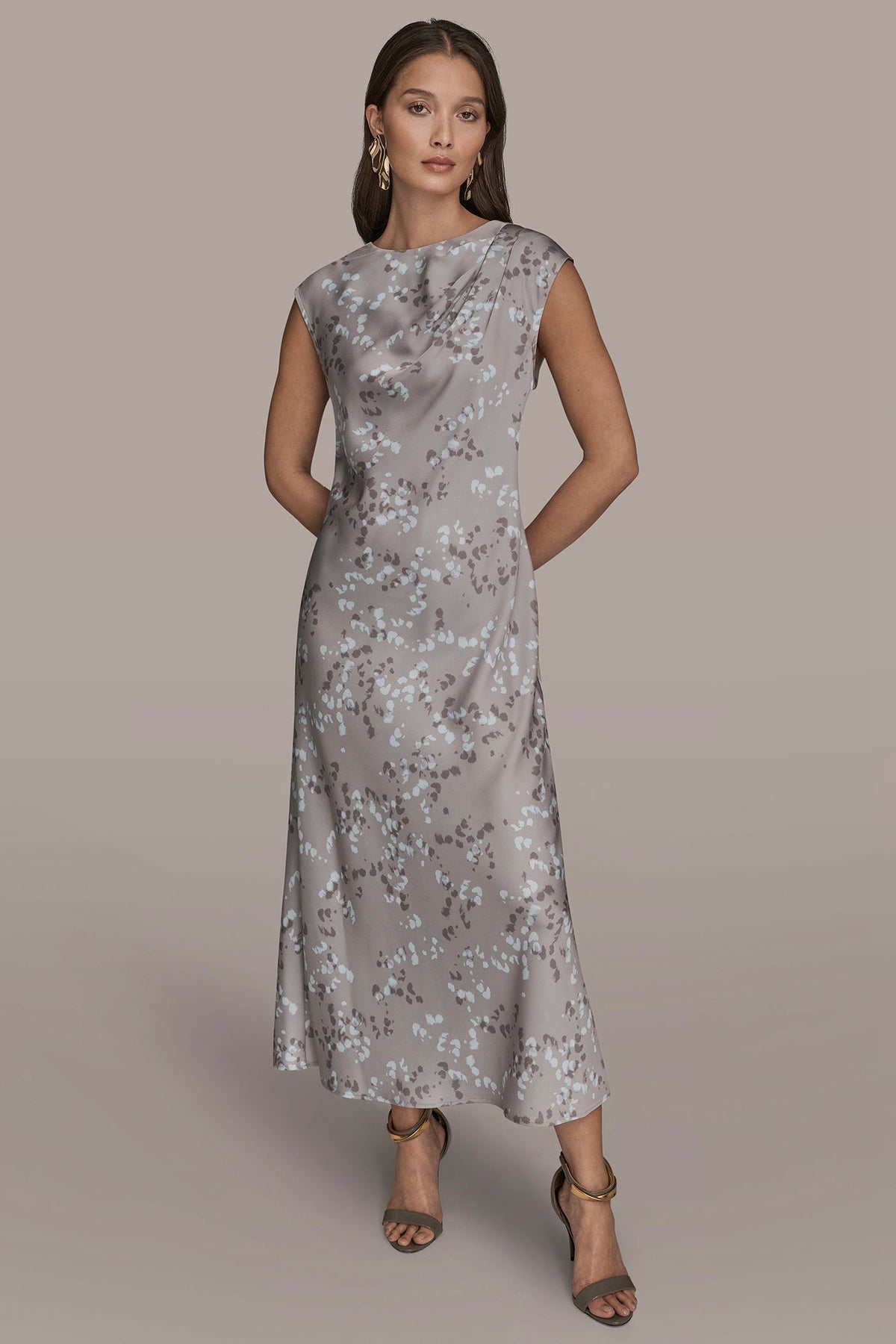 CAP SLEEVE V-NECK PRINTED MIDI DRESS - DRIFTWOOD MULTI