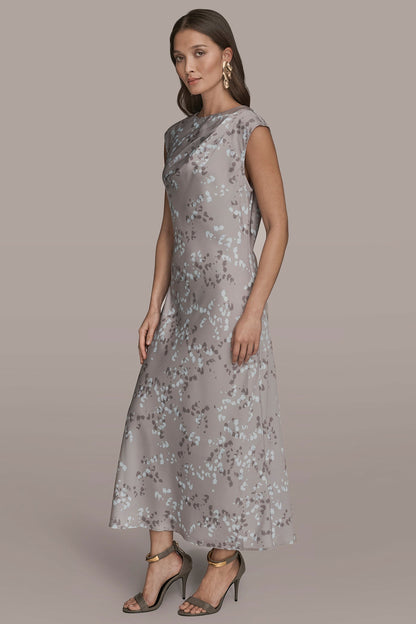 CAP SLEEVE V-NECK PRINTED MIDI DRESS - DRIFTWOOD MULTI