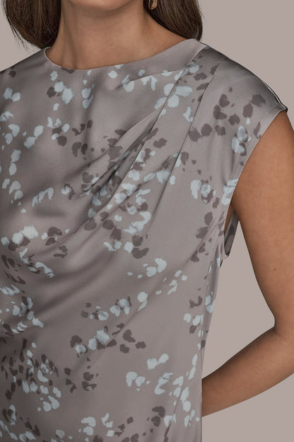 CAP SLEEVE V-NECK PRINTED MIDI DRESS - DRIFTWOOD MULTI