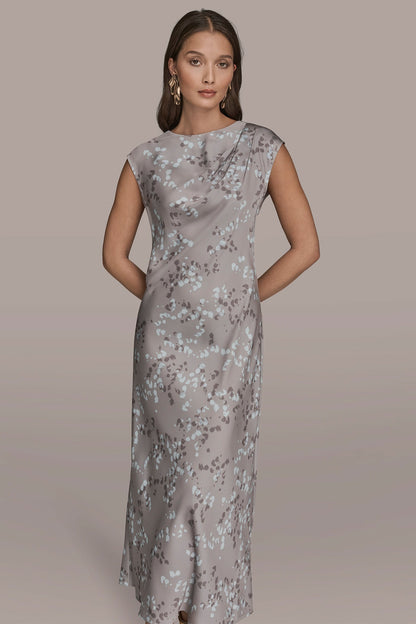 CAP SLEEVE V-NECK PRINTED MIDI DRESS - DRIFTWOOD MULTI