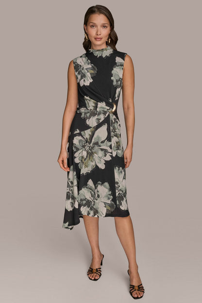 SLEEVELESS FLORAL TWIST ASYMMETRIC DRESS - Black