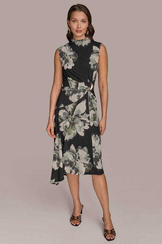 SLEEVELESS FLORAL TWIST ASYMMETRIC DRESS - Black