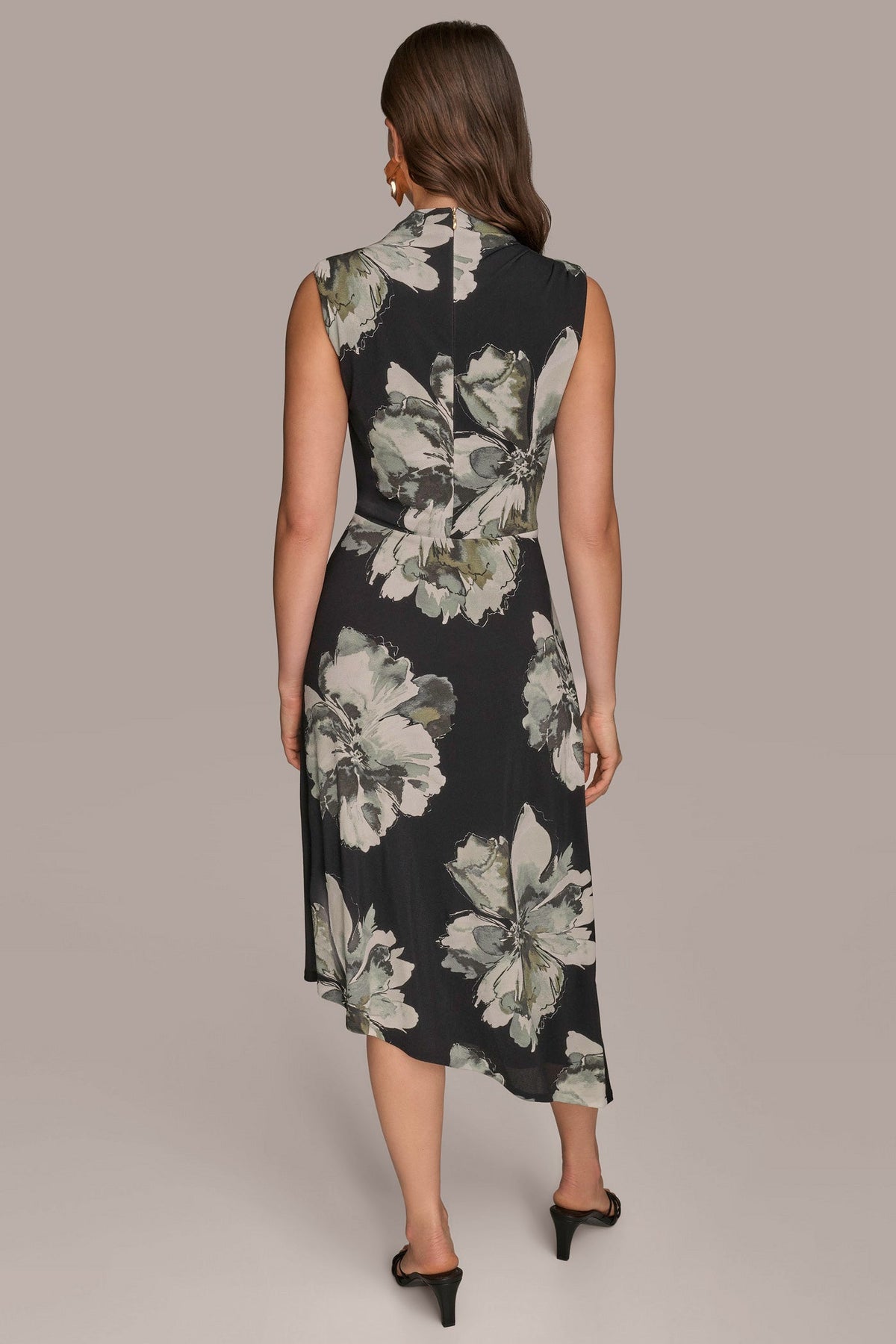 SLEEVELESS FLORAL TWIST ASYMMETRIC DRESS - Black