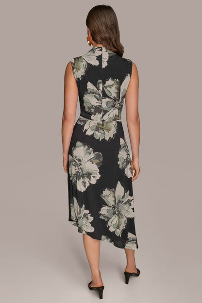 SLEEVELESS FLORAL TWIST ASYMMETRIC DRESS - Black