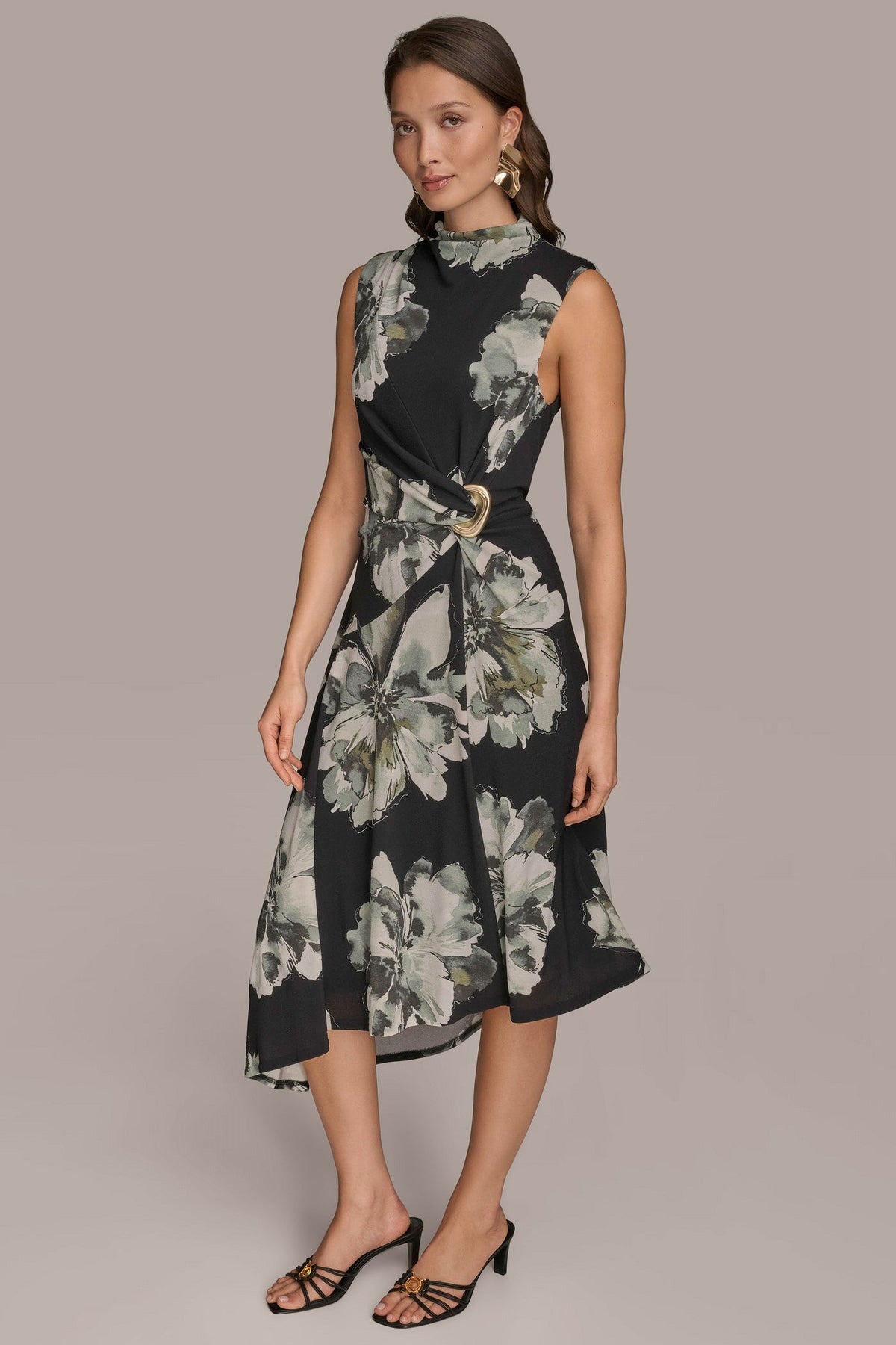 SLEEVELESS FLORAL TWIST ASYMMETRIC DRESS - Black