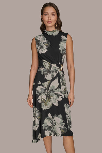 SLEEVELESS FLORAL TWIST ASYMMETRIC DRESS - Black