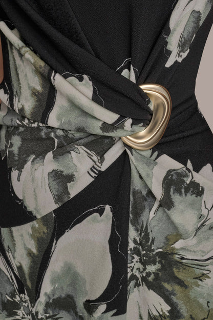 SLEEVELESS FLORAL TWIST ASYMMETRIC DRESS - Black