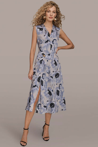 CAP SLEEVE V-NECK PRINTED MIDI DRESS - VAPOR/TEMPLE