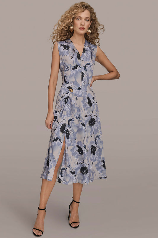 CAP SLEEVE V-NECK PRINTED MIDI DRESS - VAPOR/TEMPLE