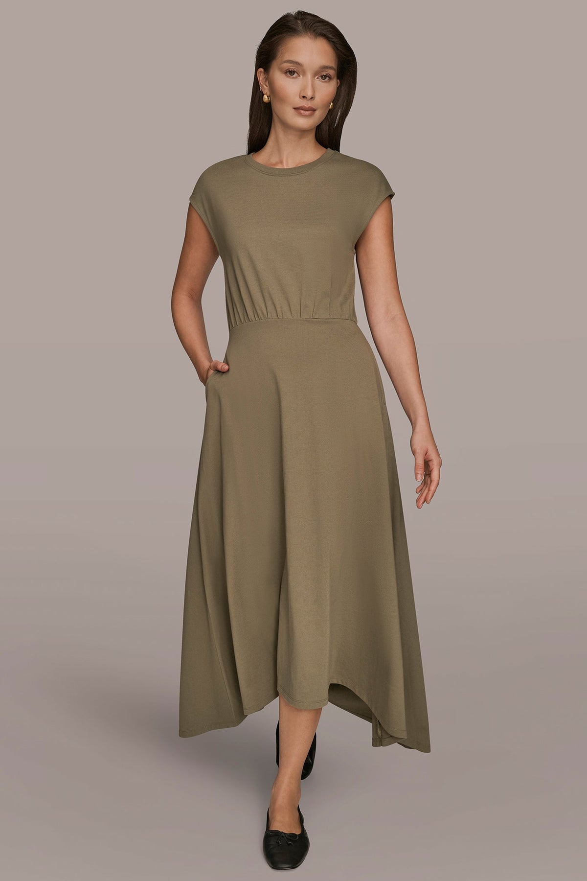 CAP SLEEVE CREW NECK DRESS - KHAKI GREEN