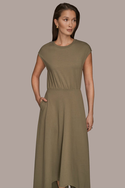 CAP SLEEVE CREW NECK DRESS - KHAKI GREEN