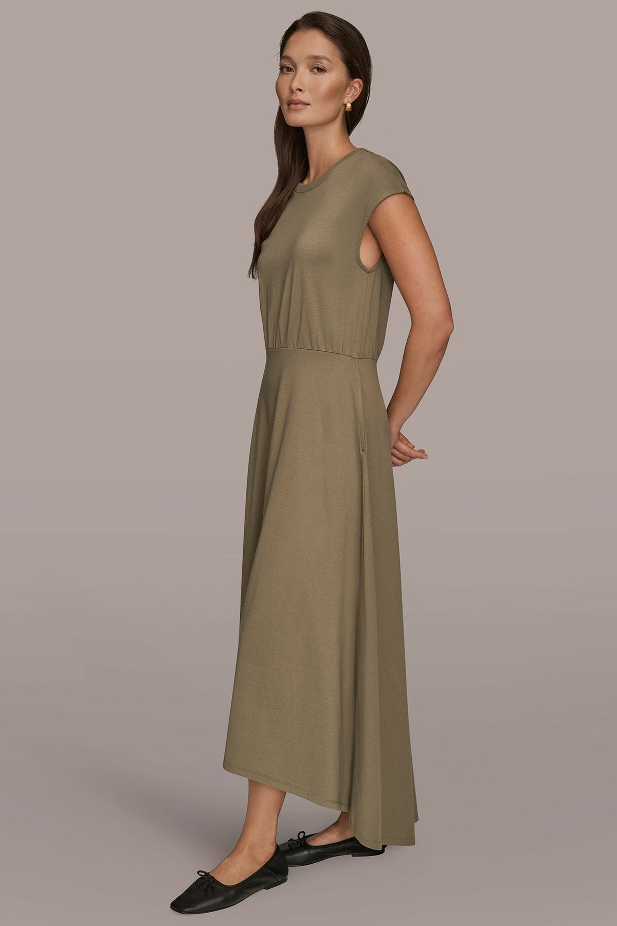 CAP SLEEVE CREW NECK DRESS - KHAKI GREEN