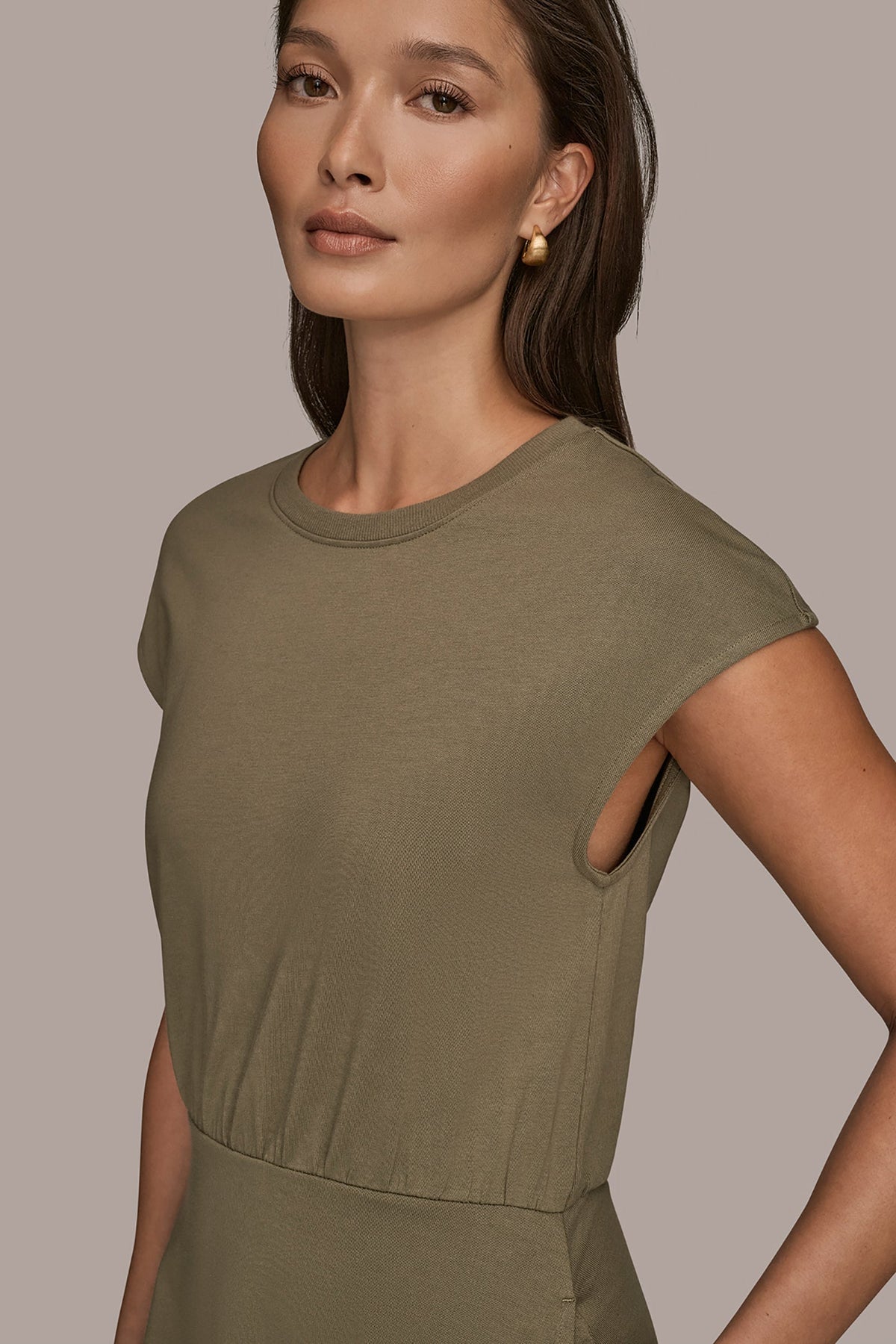 CAP SLEEVE CREW NECK DRESS - KHAKI GREEN