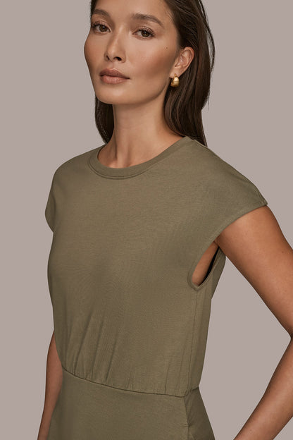 CAP SLEEVE CREW NECK DRESS - KHAKI GREEN