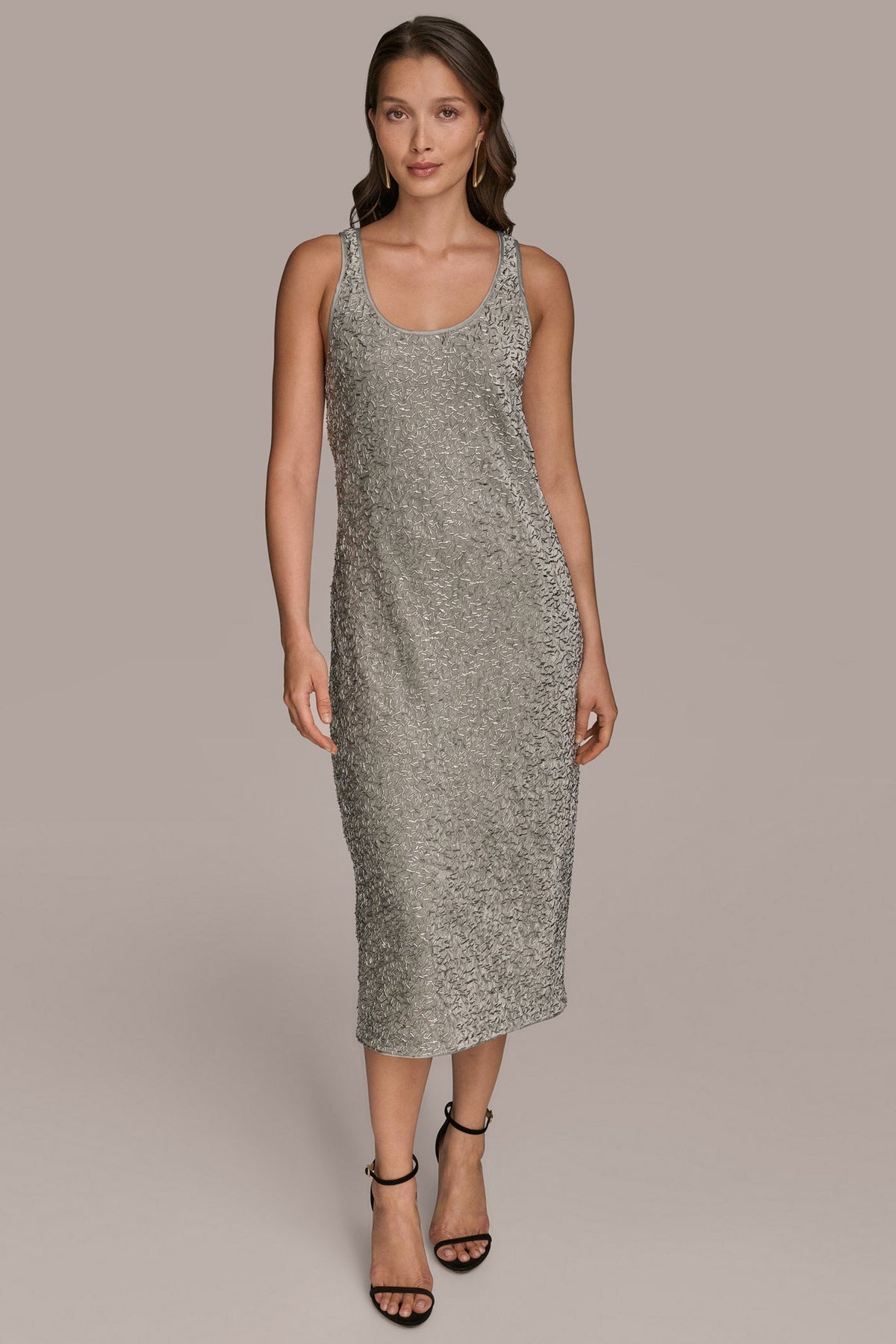 SLEEVELESS BEADED VELVET MIDI DRESS - WEATHERED SAGE/SILVER