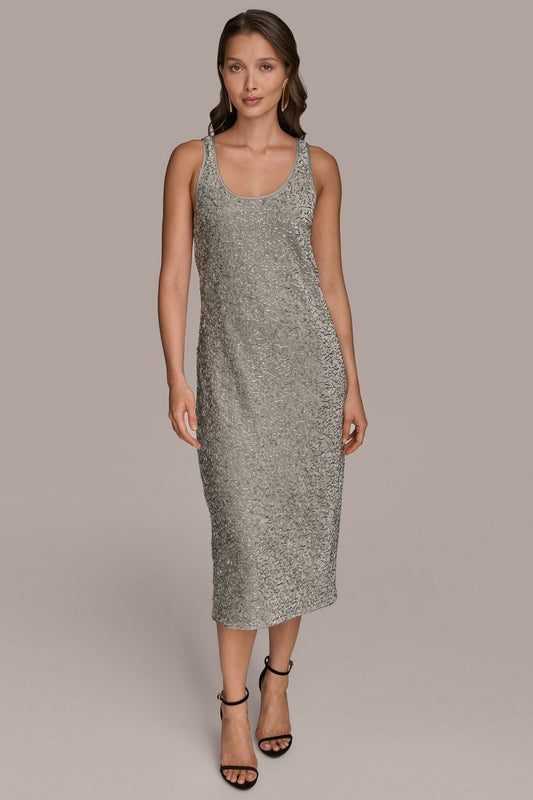 SLEEVELESS BEADED VELVET MIDI DRESS - WEATHERED SAGE/SILVER