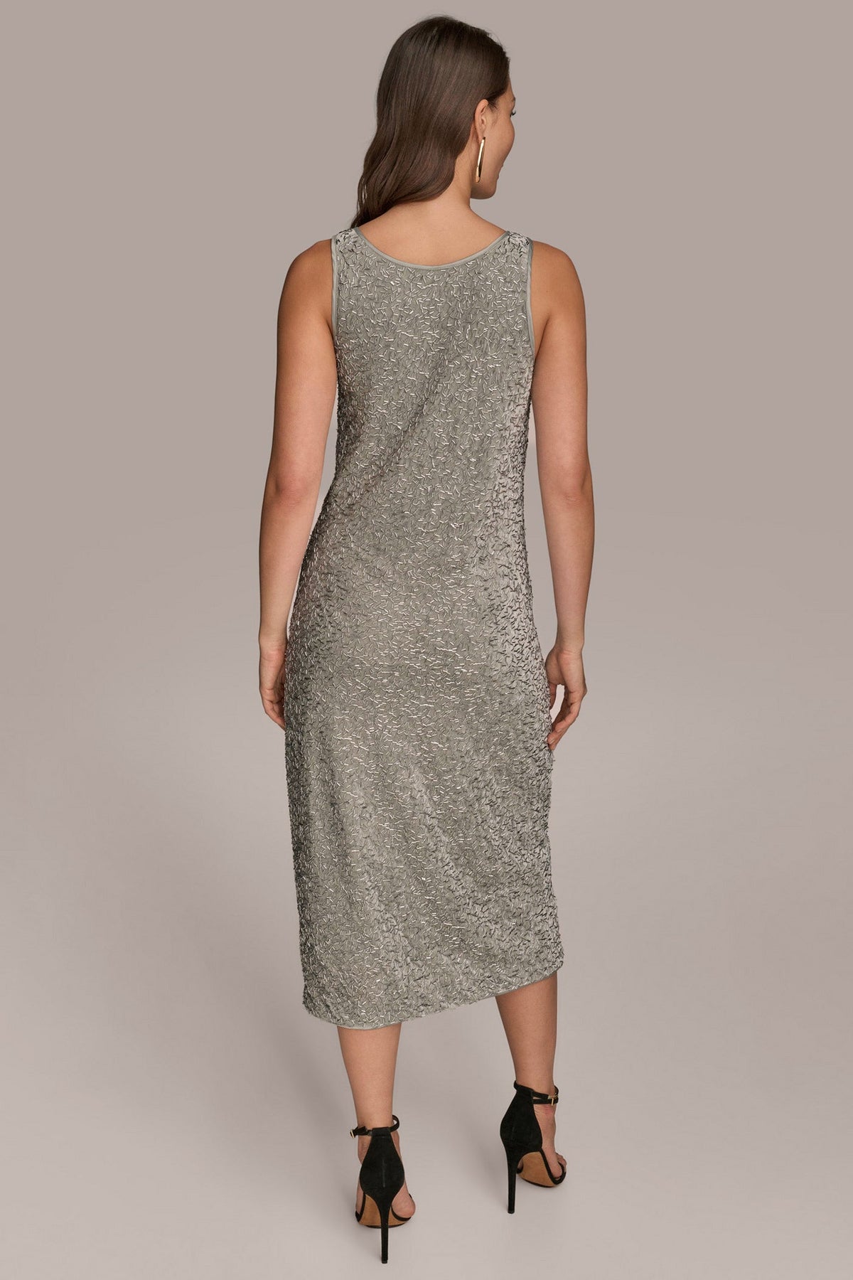 SLEEVELESS BEADED VELVET MIDI DRESS - WEATHERED SAGE/SILVER