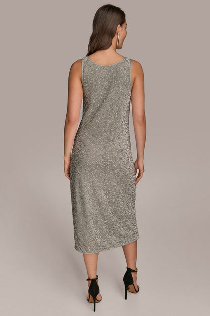 SLEEVELESS BEADED VELVET MIDI DRESS - WEATHERED SAGE/SILVER