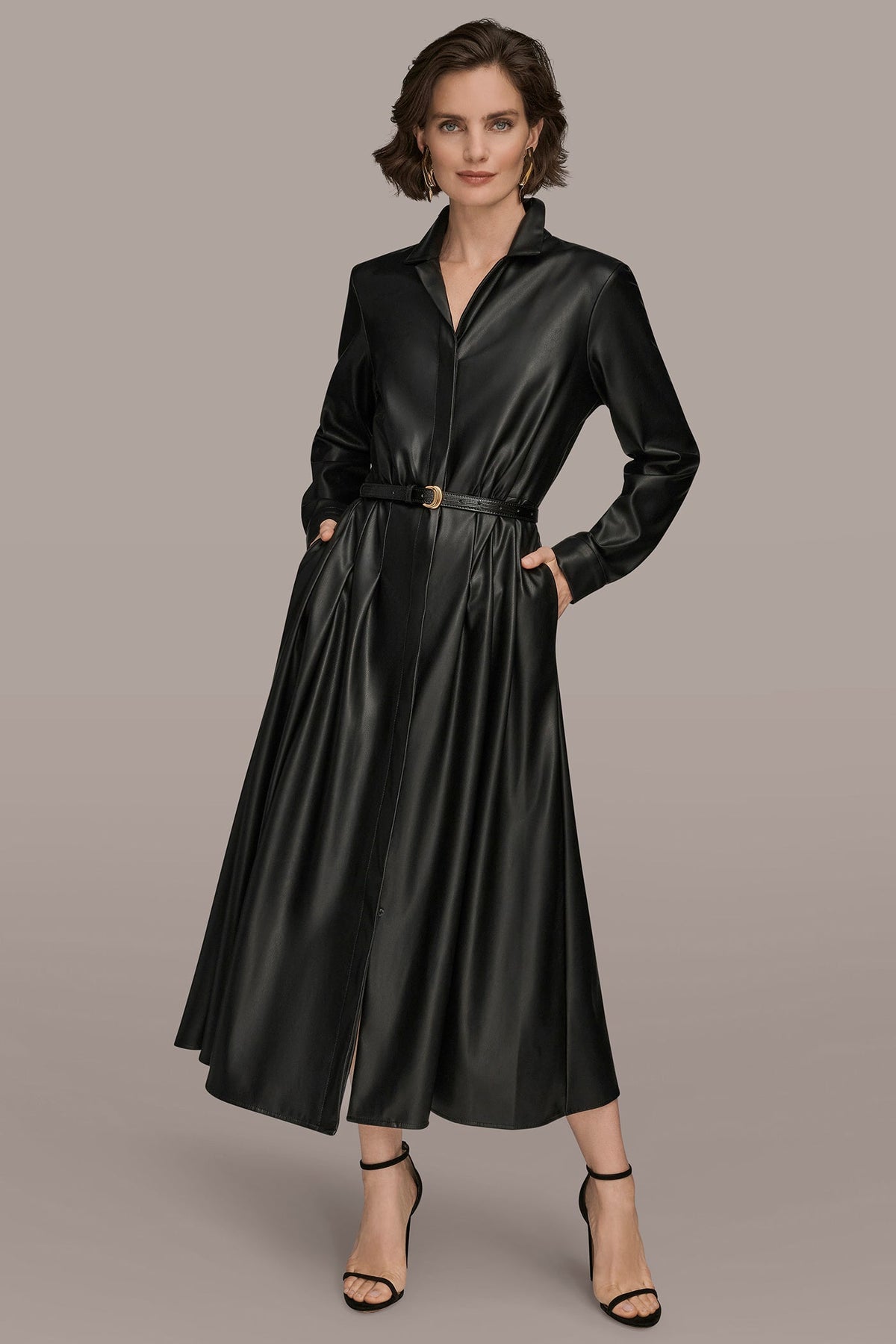 LONG SLEEVE FAUX LEATHER MIDI SHIRT DRESS - Black