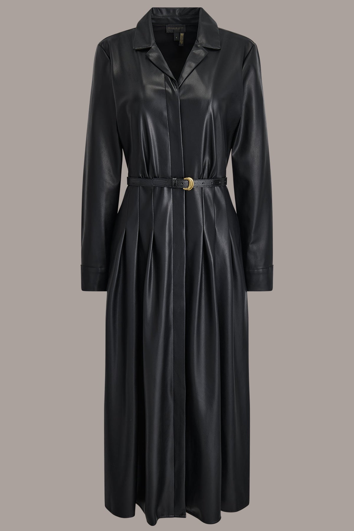 LONG SLEEVE FAUX LEATHER MIDI SHIRT DRESS - Black